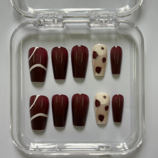 Chic Polka Dot Press-On Nails - Burgundy Geometric Luxury Set (Size M)