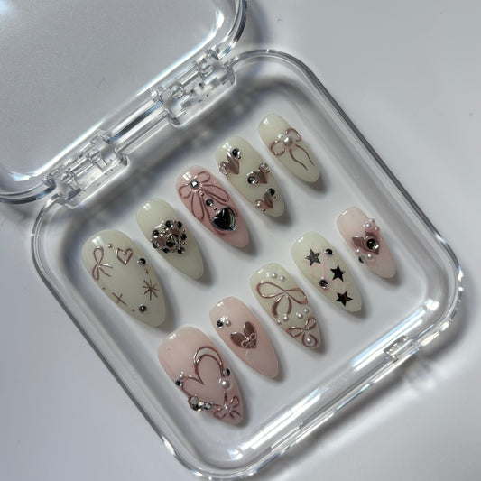Elegant Heart & Butterfly Press-On Nails - White & Pink Luxury Set (Size S)