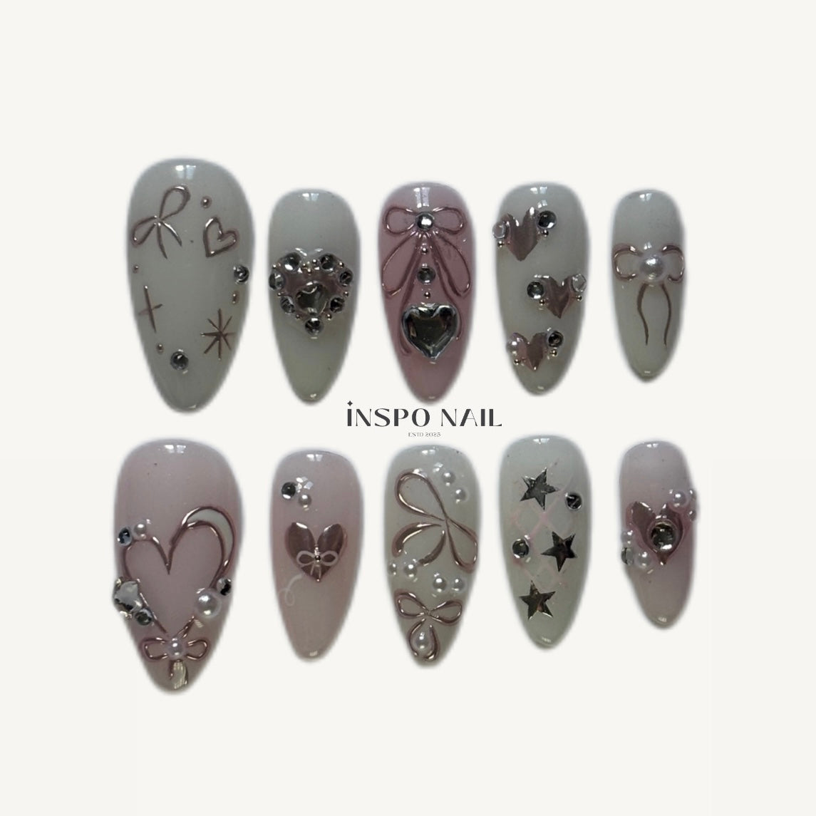 Elegant Heart & Butterfly Press-On Nails - White & Pink Luxury Set (Size S)