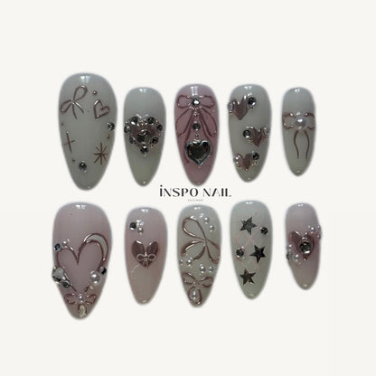 Elegant Heart & Butterfly Press-On Nails - White & Pink Luxury Set (Size S)
