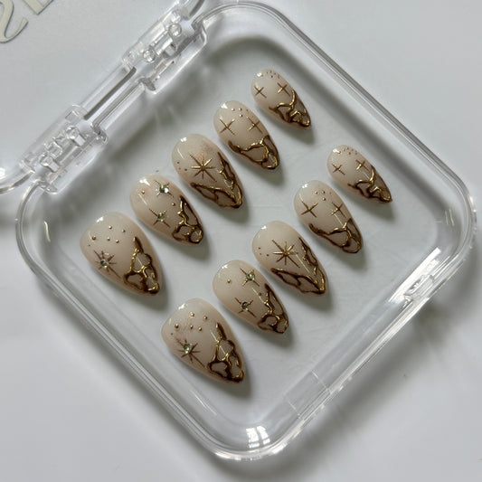 Celestial Gold Chrome Press-On Nails - Nude Star Cross Luxury Set