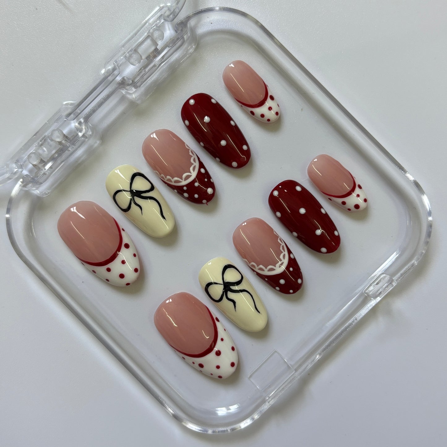 Charming Burgundy Polka Dot Press-On Nails - Nude Bow Chain Luxury Set (Size M)