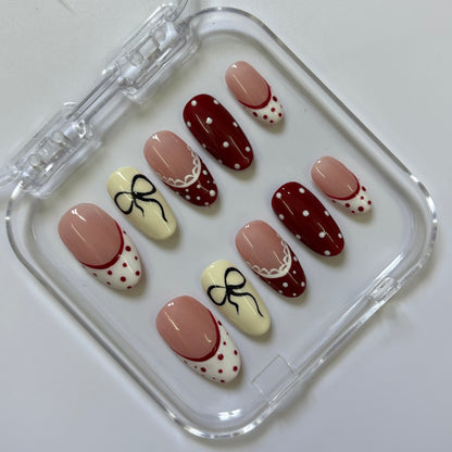 Charming Burgundy Polka Dot Press-On Nails - Nude Bow Chain Luxury Set (Size M)