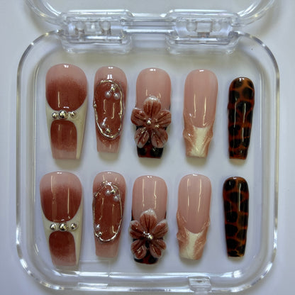 Luxurious Brown Ombre Press-On Nails - Tortoiseshell 3D Floral Pearl Luxury Set (Size M)