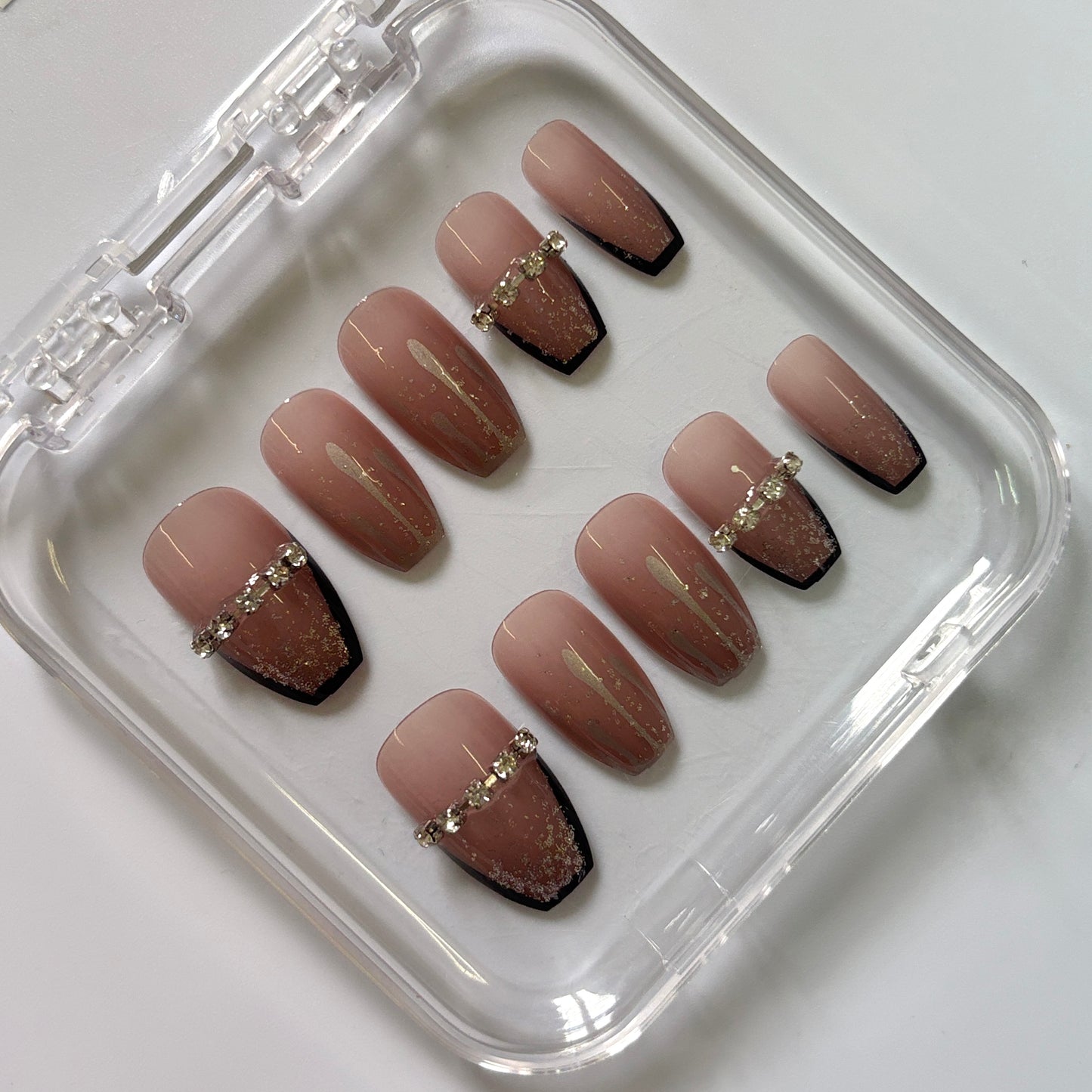 Glamorous Black Tip Press-On Nails - Nude Ombre Rhinestone Chain Luxury Set (Size S)