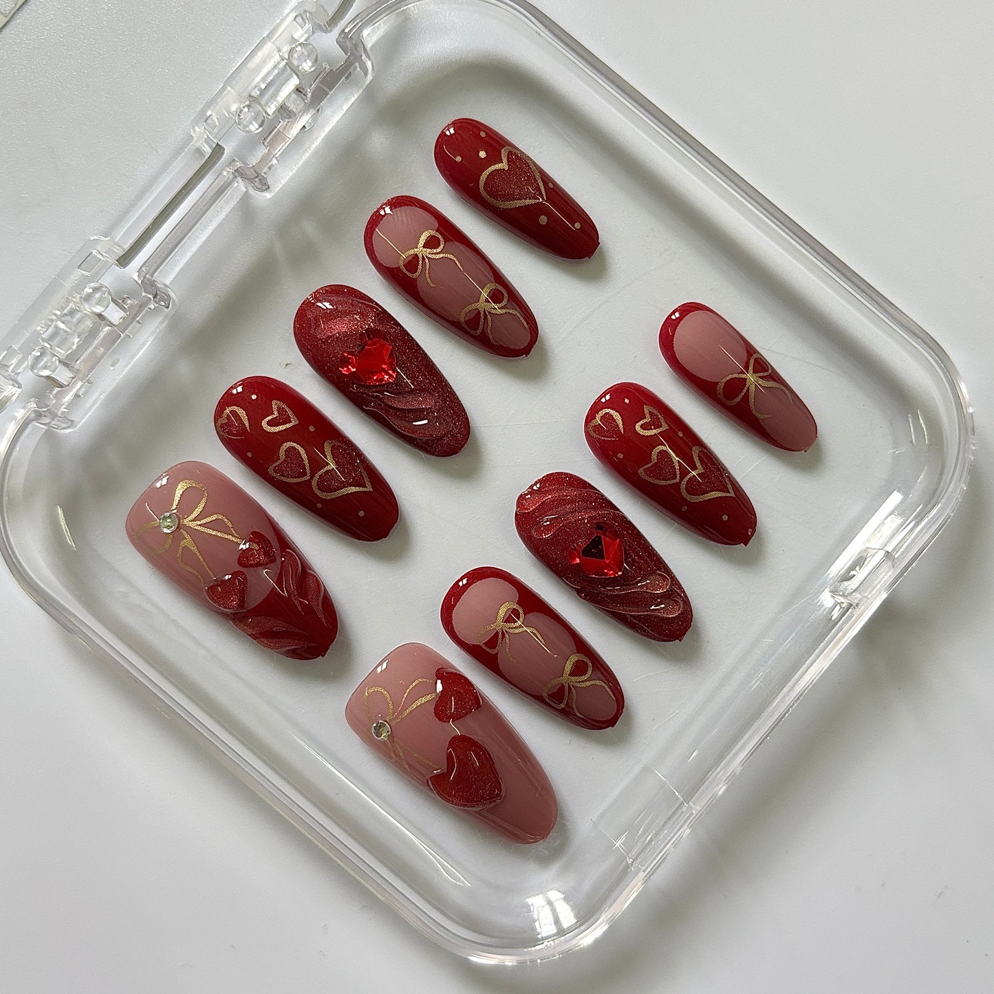 Romantic Hearts & Bows Press-On Nails - Burgundy Gold Crystal Luxury Set (Size S)