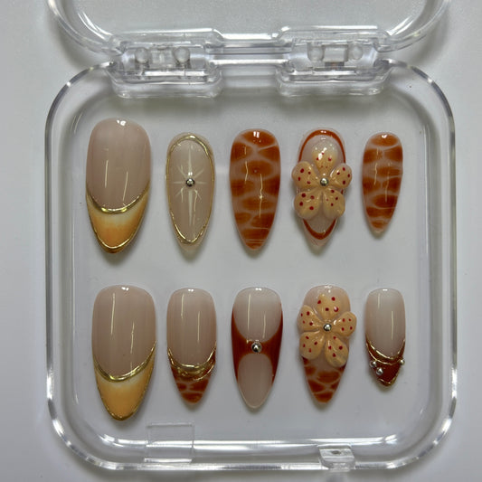 Elegant Tortoiseshell Press-On Nails - Nude Gold Floral French Tip Luxury Set (Size M)