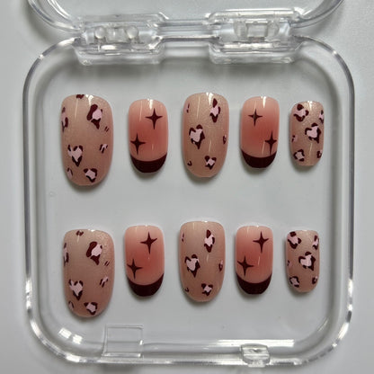 Chic Leopard & Star Press-On Nails - Nude Brown Luxury Set (Size M)