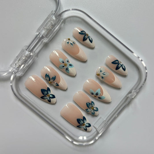 Elegant Navy Floral Press-On Nails - Nude Gold Accent Luxury Set (Size M)