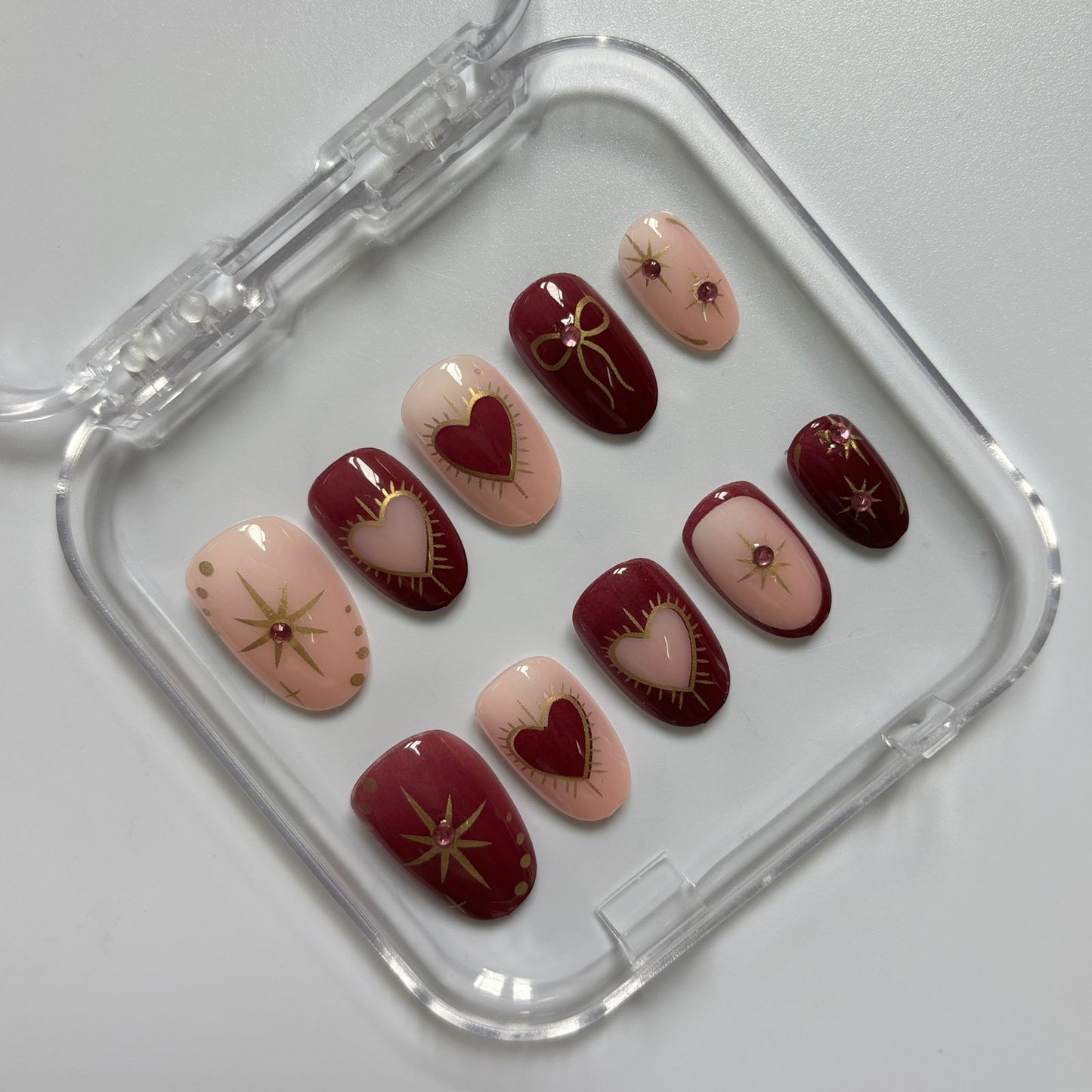 Romantic Hearts & Stars Press-On Nails - Burgundy Nude Gold Line Art Luxury Set (Size M)