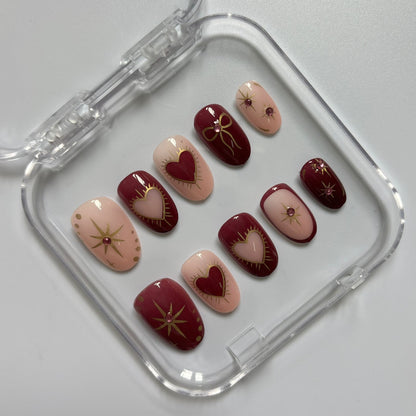 Romantic Hearts & Stars Press-On Nails - Burgundy Nude Gold Line Art Luxury Set (Size M)