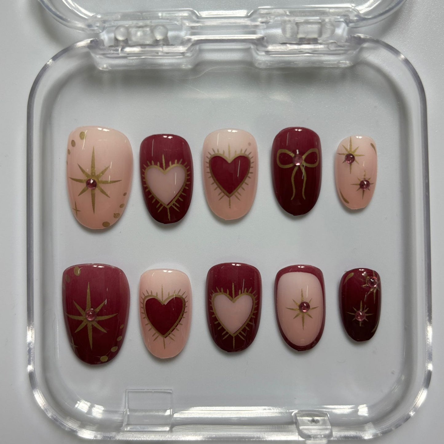 Romantic Hearts & Stars Press-On Nails - Burgundy Nude Gold Line Art Luxury Set (Size M)