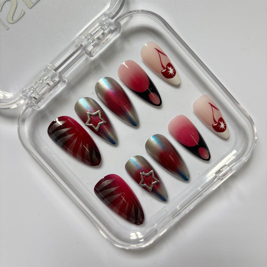 Celestial Chrome Press-On Nails - Burgundy Star Luxury Set (Size L)