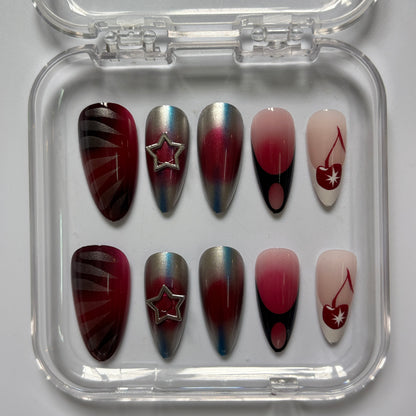 Celestial Chrome Press-On Nails - Burgundy Star Luxury Set (Size L)
