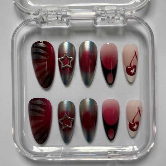 Celestial Chrome Press-On Nails - Burgundy Star Luxury Set (Size L)