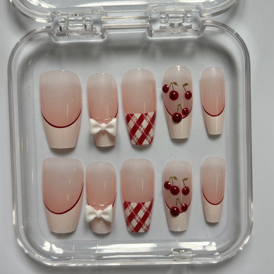 Sweet Cherry Plaid Press-On Nails - Nude French Tip Luxury Set (Size L)