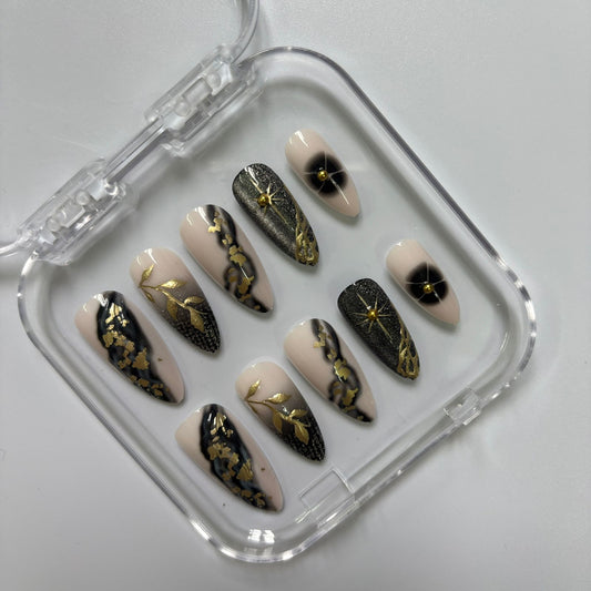 Elegant Black & Nude Press-On Nails - Gold Floral Star Glitter Luxury Set (Size S)