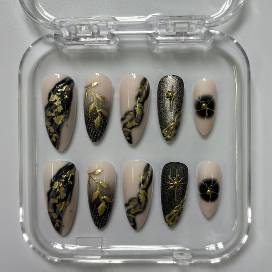Elegant Black & Nude Press-On Nails - Gold Floral Star Glitter Luxury Set (Size S)